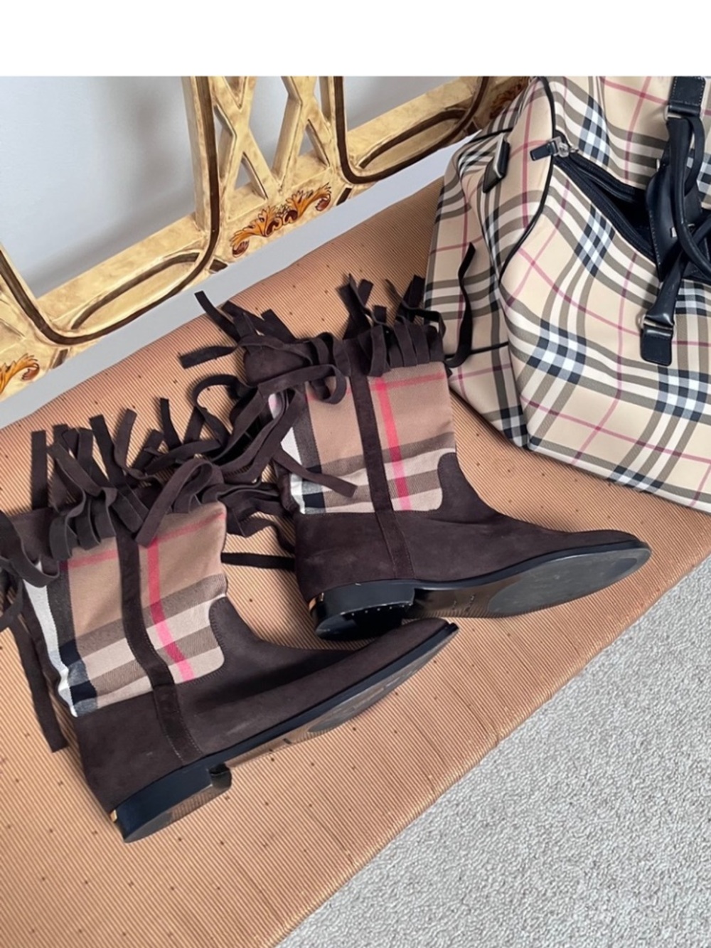 Burberry Brown Suede Lace-Up Boots with Signature Check Panels